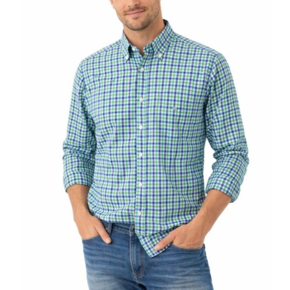 Vineyard Vines Men's Tucker Green Navy Check Slim-Fit LS Button-Down Shirt Sz M